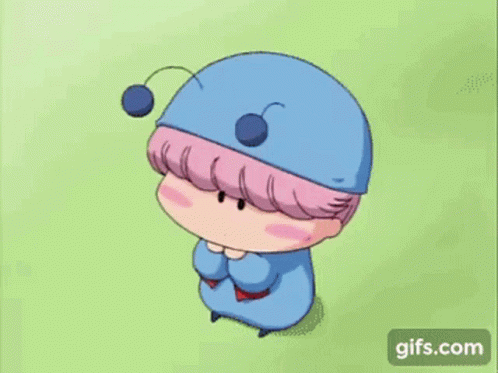A Little Girl With Pink Hair Is Wearing A Blue Hat And A Red Bow . GIF