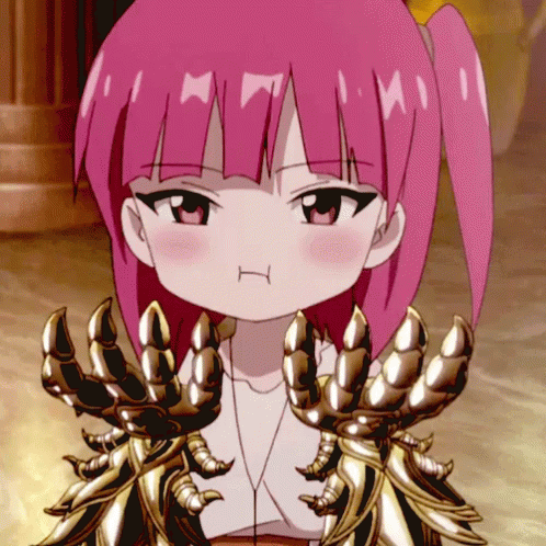 A Little Girl With Pink Hair Is Wearing A Pair Of Gold Claw Gloves GIF