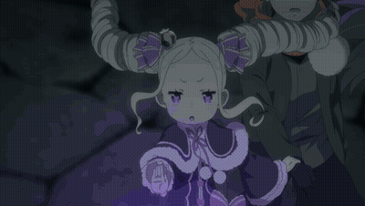 A Little Girl With Purple Hair And A Red Cape Is Standing In A Dark Room GIF