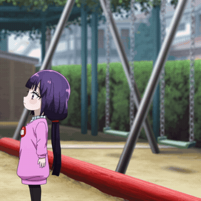 A Little Girl With Purple Hair Stands In Front Of A Swing Set In A Park GIF