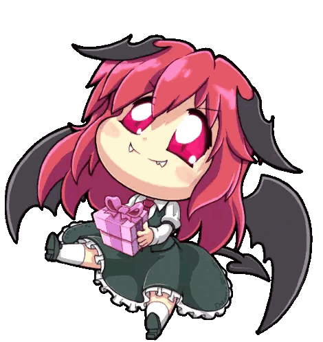 A Little Girl With Red Hair And Black Wings Is Holding A Pink Gift Box Sticker