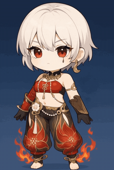 A Little Girl With White Hair And Red Eyes Is Wearing A Red Top And Black Pants GIF
