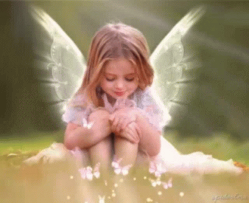 A Little Girl With Wings Is Sitting In The Grass With Butterflies Around Her GIF