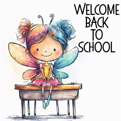 A Little Girl With Wings Is Sitting On A Desk With The Words Welcome Back To School Behind Her GIF