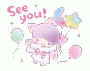 A Little Twin Stars Illustration With Balloons And The Words `` See You '' GIF