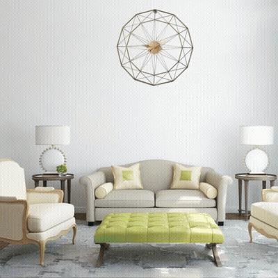 A Living Room With A Couch And Chairs And A Clock Above It GIF