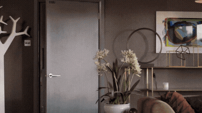 A Living Room With A Painting On The Wall And A Plant In Front Of A Door GIF
