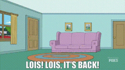 A Living Room With A Pink Couch And The Words `` Lois ! Lois , It 'S Back '' . GIF