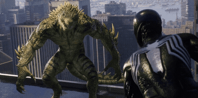 A Lizard Standing Next To A Spider Man In A Video Game GIF