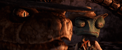 A Lizard Wearing A Cowboy Hat Stands Next To A Large Dragon GIF
