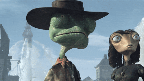 A Lizard Wearing A Cowboy Hat Stands Next To A Woman With Big Eyes GIF
