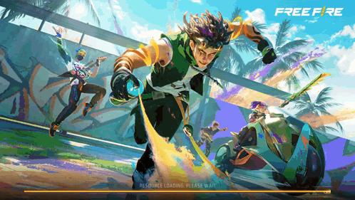 A Loading Screen For Free Fire Shows A Man On A Skateboard GIF