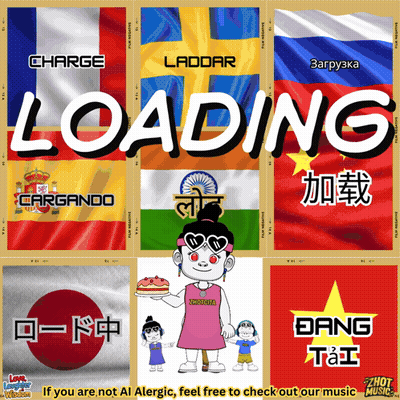 A Loading Screen Shows A Girl Holding A Cake In Front Of Flags From Different Countries GIF