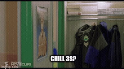 A Locker With Jackets Hanging On A Rack And A Sign That Says Chill 3S ? GIF