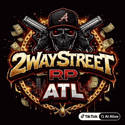 A Logo For 2 Way Street Rp Atl With A Skull Holding Guns GIF