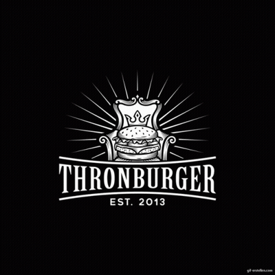 A Logo For A Restaurant Called Thornburger With A Hamburger In A Chair GIF