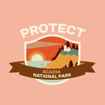 A Logo For Acadia National Park With A Shield And A Brown Ribbon GIF