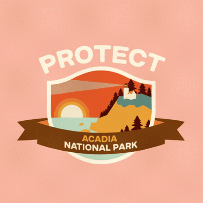 A Logo For Acadia National Park With A Shield And Ribbon GIF