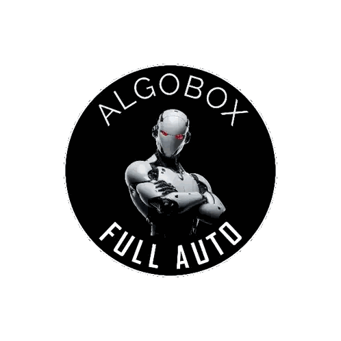 A Logo For Algobox Full Auto With A Robot With Red Eyes Sticker