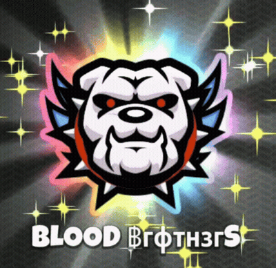 A Logo For Blood Brothers With A Bulldog GIF