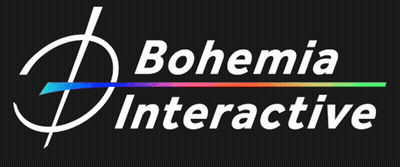 A Logo For Bohemia Interactive With A Rainbow Colored Arrow GIF