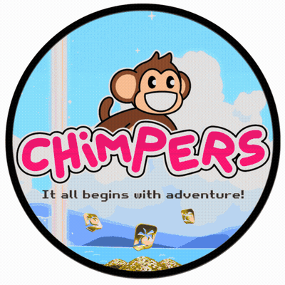A Logo For Chimpers Shows A Monkey And The Words It All Begins With Adventure GIF