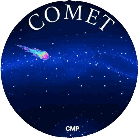 A Logo For Comet Cmp Shows A Colorful Comet Flying Through Space Sticker