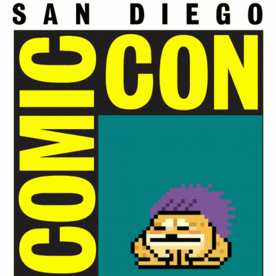 A Logo For Comic Con In San Diego With A Pixelated Character GIF