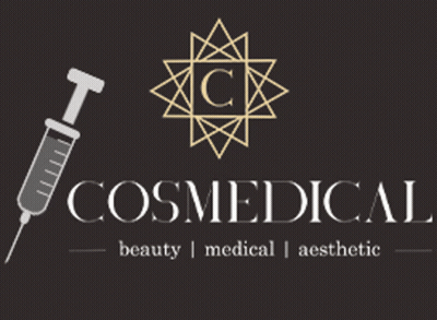 A Logo For Cosmedical Beauty Medical Aesthetic With A Syringe GIF