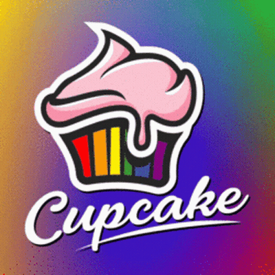 A Logo For Cupcake With A Rainbow Colored Cupcake On A Colorful Background GIF
