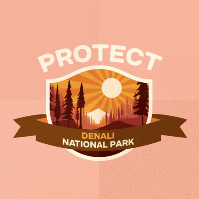 A Logo For Denali National Park With A Shield And Trees On A Pink Background GIF