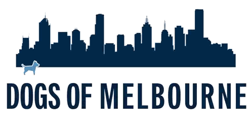 A Logo For Dogs Of Melbourne With A Blue Skyline In The Background Sticker