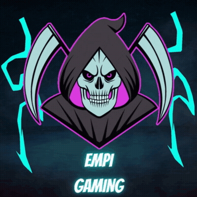A Logo For Empi Gaming Has A Grim Reaper With Scythes GIF