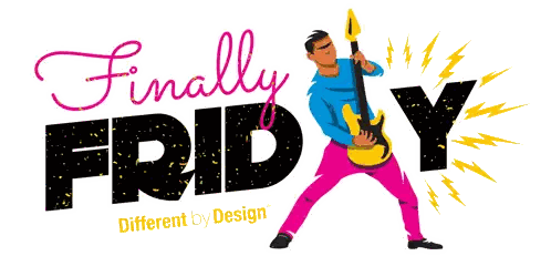 A Logo For Finally Friday Different By Design With A Man Holding A Guitar Sticker