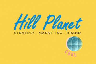 A Logo For Hill Planet Strategy Marketing And Brand On A Yellow Background GIF