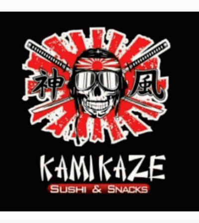 A Logo For Kamikaze Sushi And Snacks With A Skull Wearing A Helmet And Sunglasses . GIF