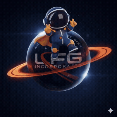 A Logo For Lfg Incorporated With An Astronaut On Top Of It GIF