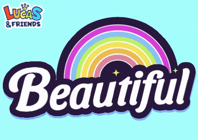 A Logo For Lucas & Friends With A Rainbow And The Word Beautiful GIF