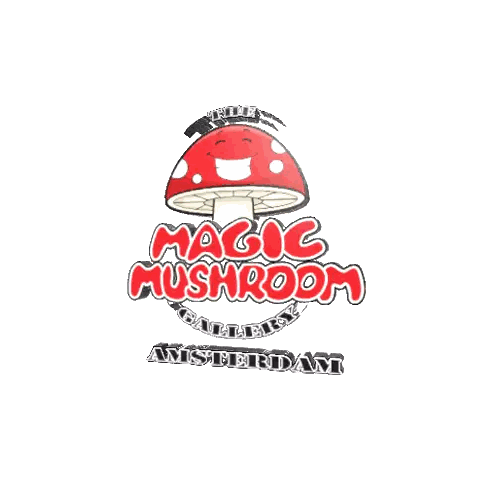 A Logo For Magic Mushroom Gallery Amsterdam With A Red Mushroom Sticker