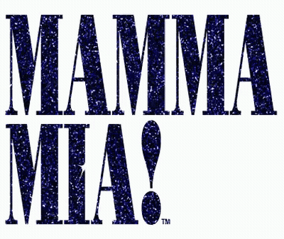 A Logo For Mamma Mia Written In Purple Glitter GIF