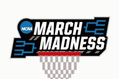 A Logo For March Madness With A Basketball In The Hoop GIF