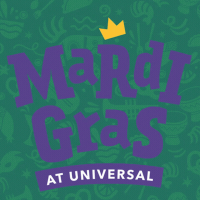 A Logo For Mardi Gras At Universal With A Crown On Top GIF