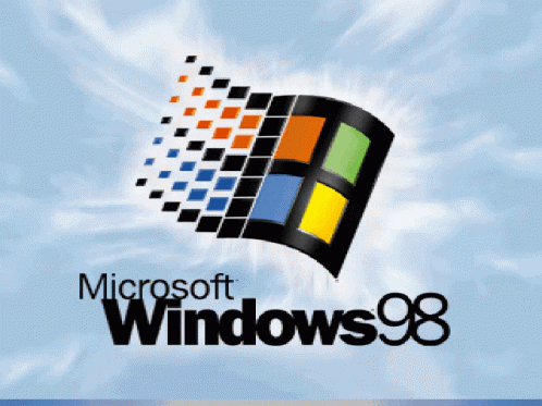 A Logo For Microsoft Windows 98 With A Blue Sky In The Background GIF