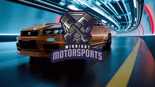 A Logo For Midnight Motorsports Shows A Car Driving Down A Road GIF