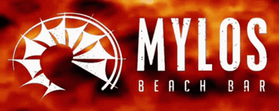A Logo For Mylos Beach Bar With A Compass On It GIF