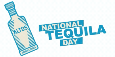 A Logo For National Tequila Day With A Bottle Of Faltos GIF