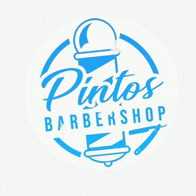 A Logo For Pintos Barbershop Shows A Shaving Razor And Top Hat GIF