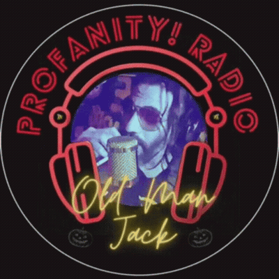 A Logo For Profanity Radio With A Man In Headphones GIF