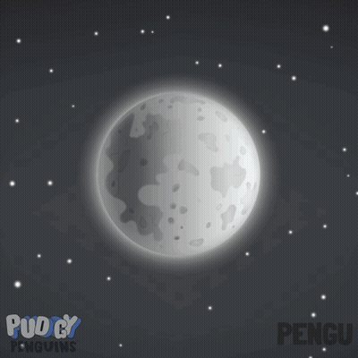 A Logo For Puddy Penguins Shows A Full Moon In The Night Sky GIF