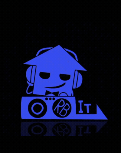 A Logo For Rb It Shows A House With A Bow Tie And Headphones GIF
